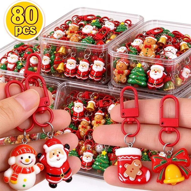 5-80pcs Cute Cartoon Elk Santa Keychain Christmas Charms Keyring Christmas Tree Bag Pendant Party Holiday Wedding Carnival Gift