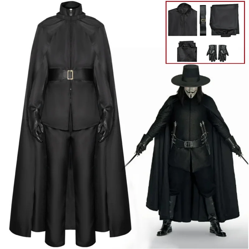 

V for Vendetta Black Killer Suit Cosplay Costume with Cloak Suit Set Halloween Christmas Carnival Party Men Outfits for Adult