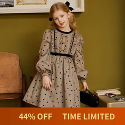 Fall Plaid Teen Girls Stereoscopic Velvet Dot Dress Bow Baby Kid Retro Princess Dress Children Elegant Clothes Plaid, #6637