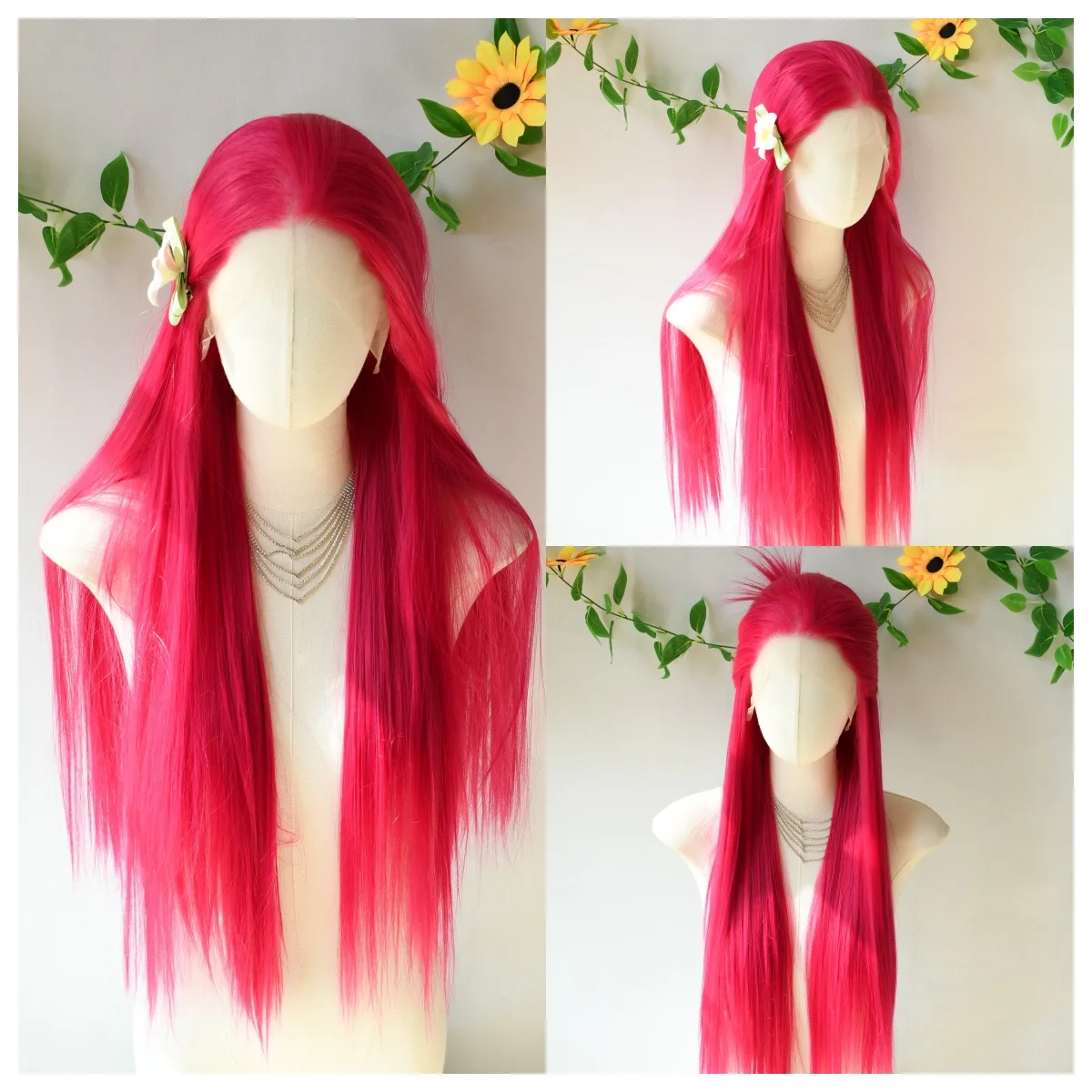 Rosa rosa wig13x4 hd osso reto peruca dianteira do laço sem cola peruca frontal do laço sintético de alta qualidade uso diário cosplay para wemon
