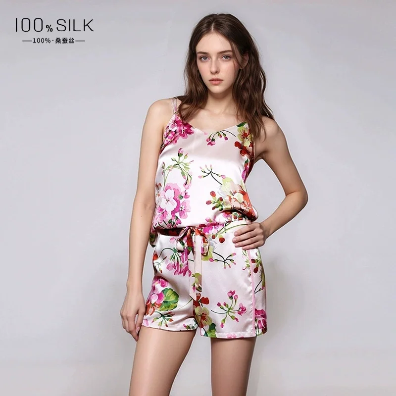 Summer new style women's silk pajamas - 100% mulberry silk camisole and shorts two-piece printed cool loungewear set