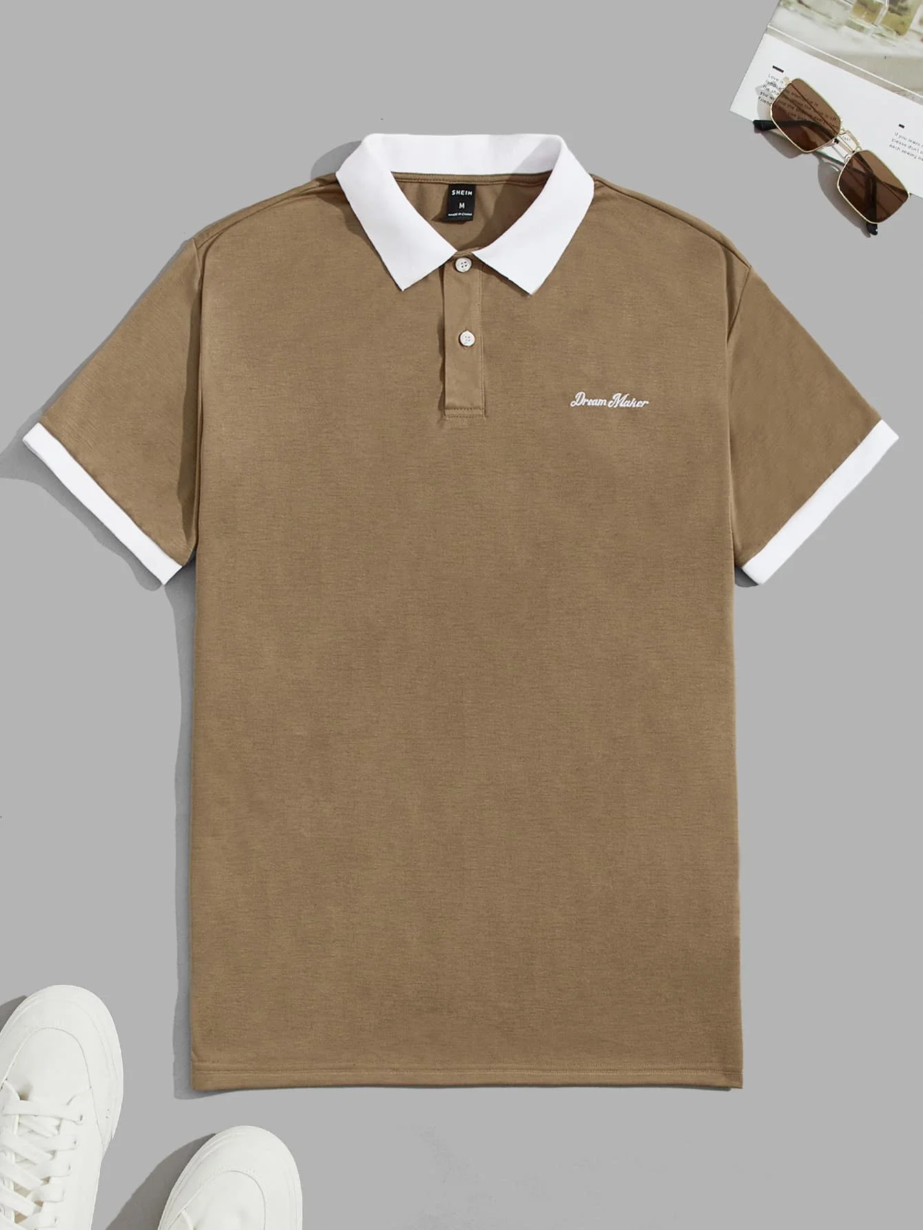 

Men's Khaki Contrast Collar and Cuff Polo Shirt with Embroidered Script