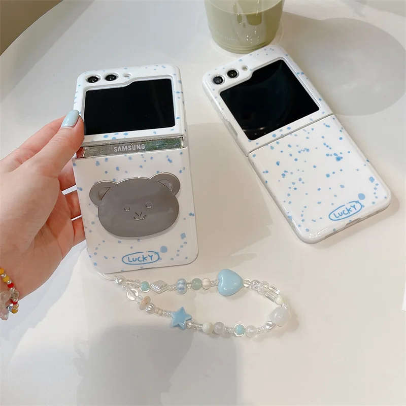 Simple Blue Ink Dot Bear Holder Phone Case for Samsung Galaxy ZFlip6 4 3 Hard Cover for Flip5 Flip3 Flip4 Solid Shell Bracket image 3