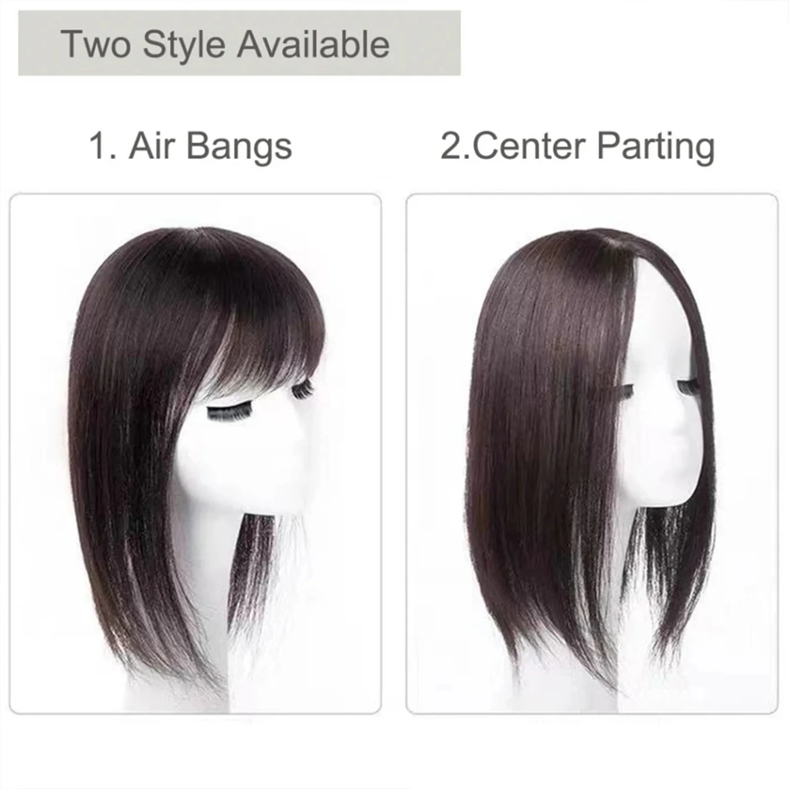 Real Remy Human Hair ปิดเต็มมือผูก Topper กับ Bangs 7x15 ซม.ผ้าไหมด้านบนพร้อมคลิปสีดําธรรมชาตินุ่ม Breathable