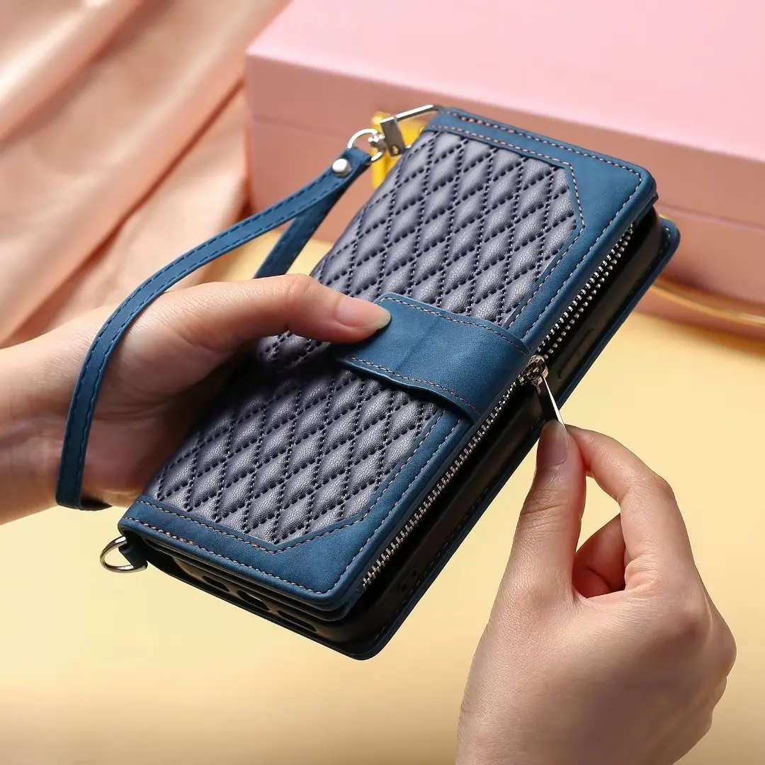 Fashion Zipper Wallet Case For Xiaomi Mi 9T Pro Flip Cover Multi Card Slots Cover Phone Case Card Slot Folio with Wrist Strap