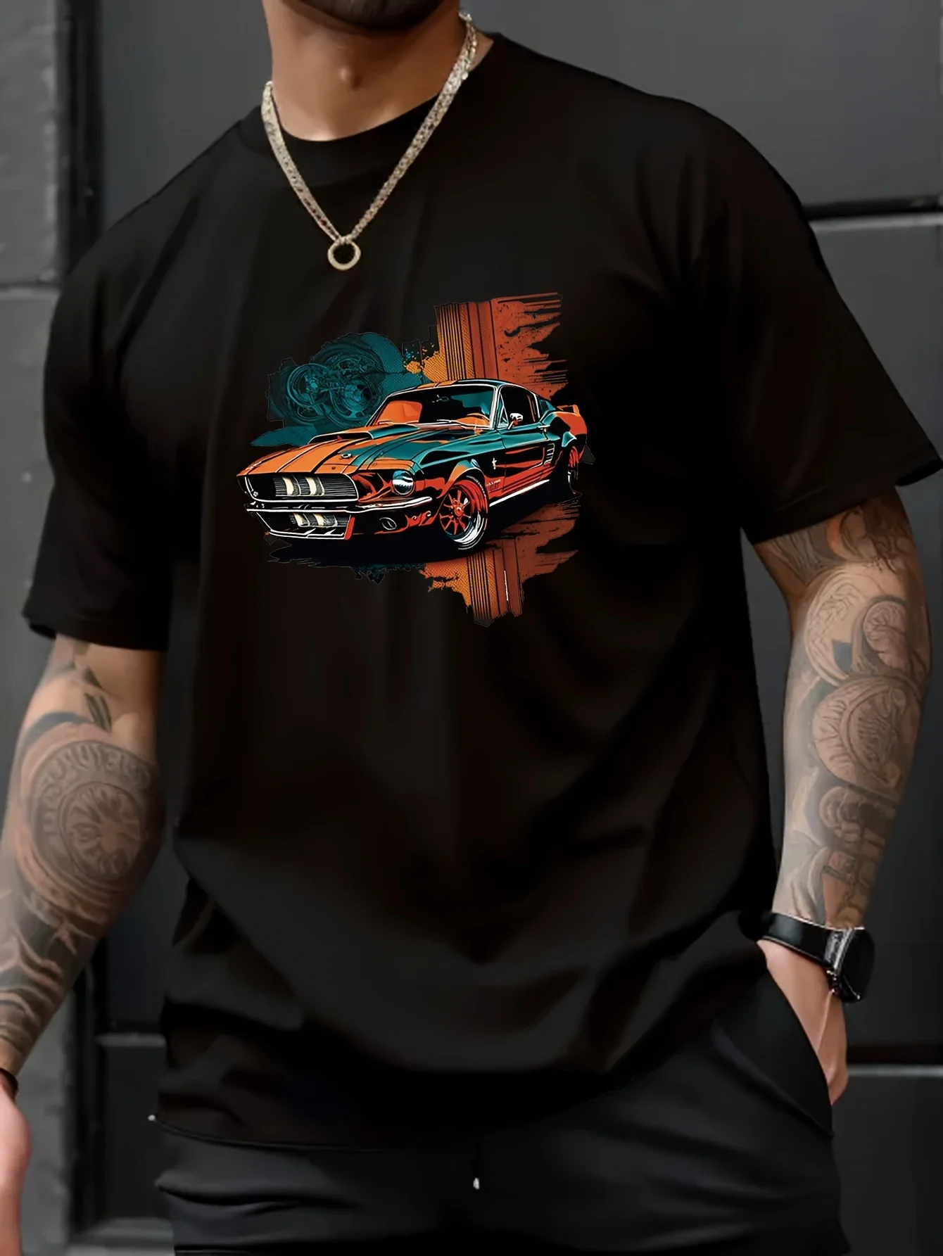 Car Print Men\'s Creative Top, Casual Short Sleeve Crew Neck T-shirt, Men\'s Clothing For Summer Outdoor