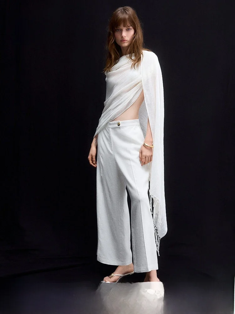 H&M Modne spodnie codzienne damskie z mieszanki włókien, lniane długie spodnie, dopasowane spodnie z prostymi nogawkami, letnia kolekcja