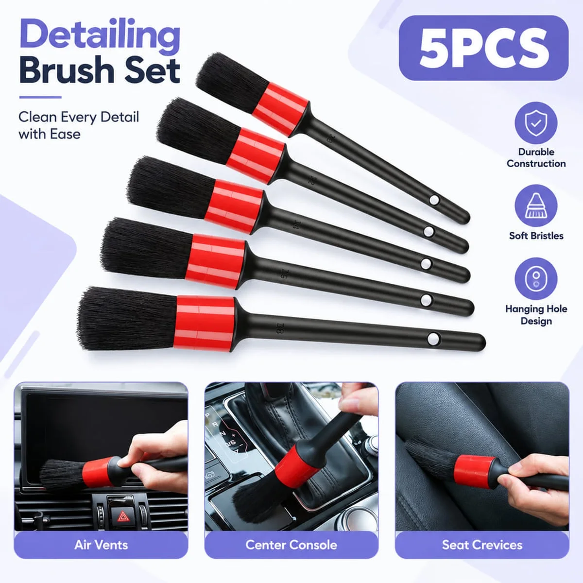 5PCS Car Detailing Brush Set Soft Bristle Wet And Dry Use Multi Size Brushes For Interior Exterior Vehicle Cleaning Kit