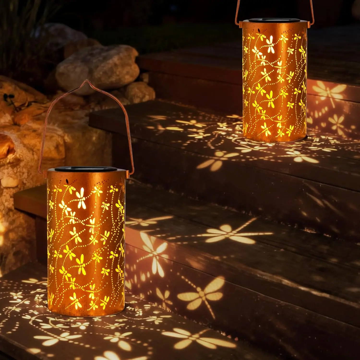 

Набор из 2 солнечных фонарей, металлический декор в виде стрекозы, водонепроницаемые светодиодные садовые светильники для патио и двора