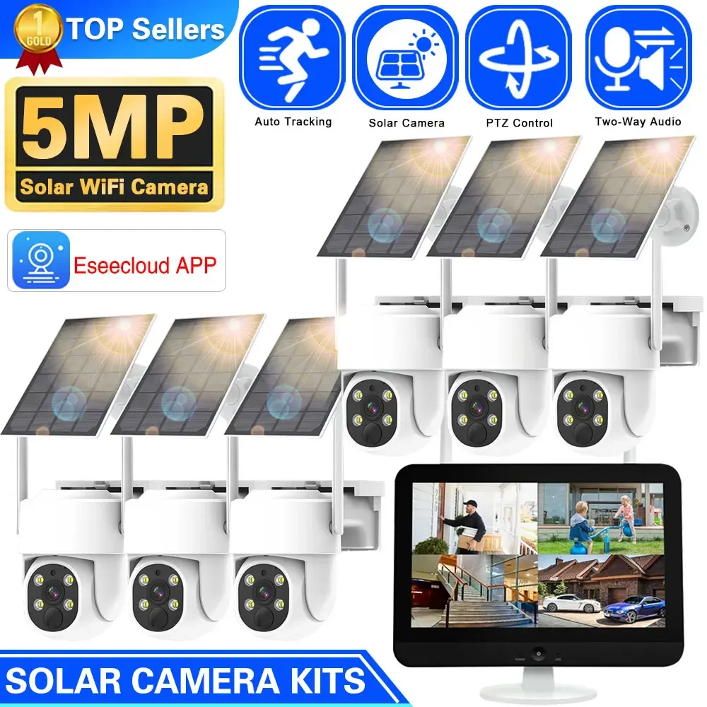 10CH 5MP NVR Lower Consumption Solar Panel Battery Track Surveillance Sysrtem Wireless 4MP PTZ Security Camera Surveillance Kit