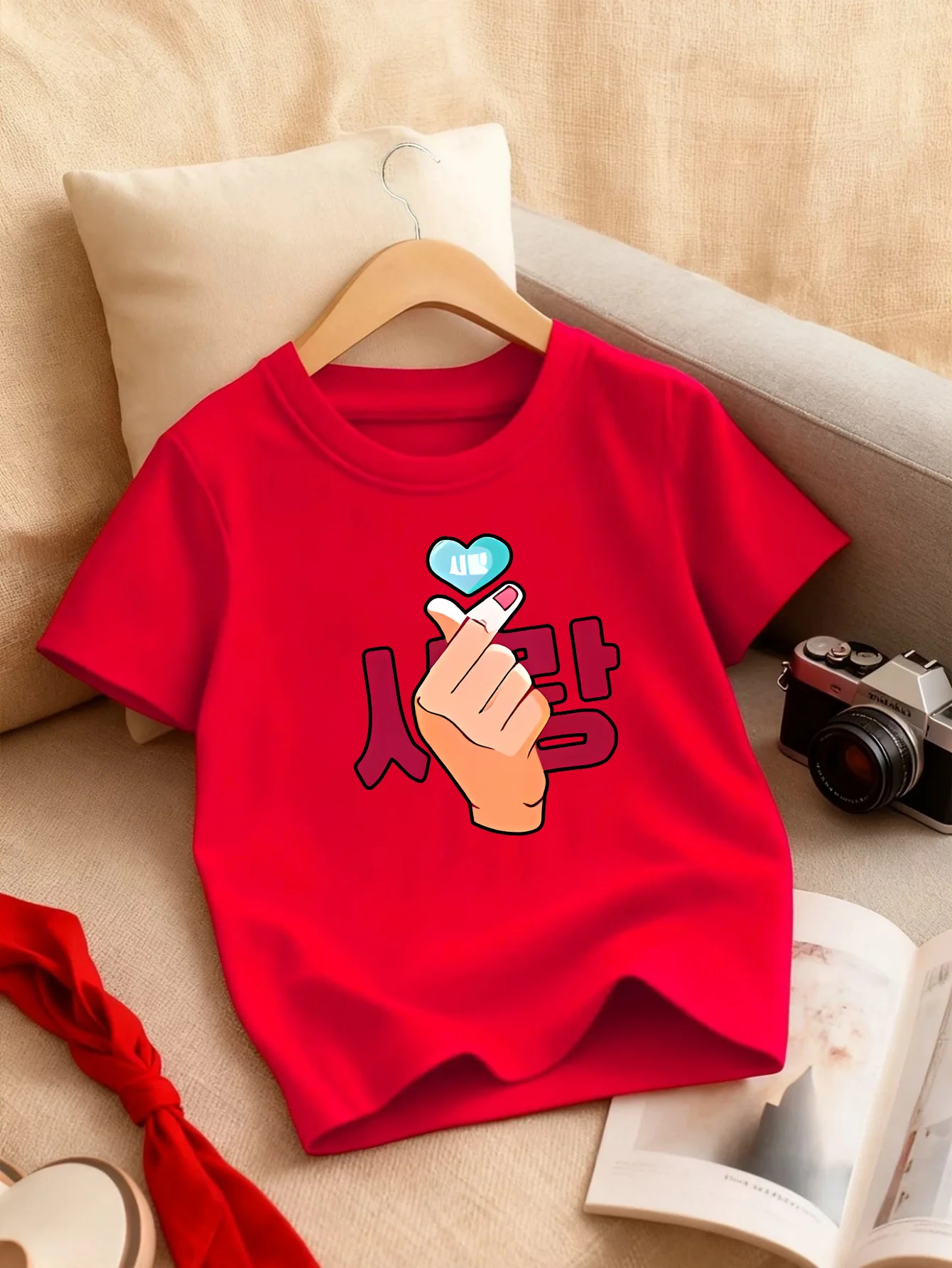 Korean Finger Heart Love Print Kids T Shirt Boys Girls Parent Child Matching Soft Cotton Casual Short Sleeve Basic Daily Tees
