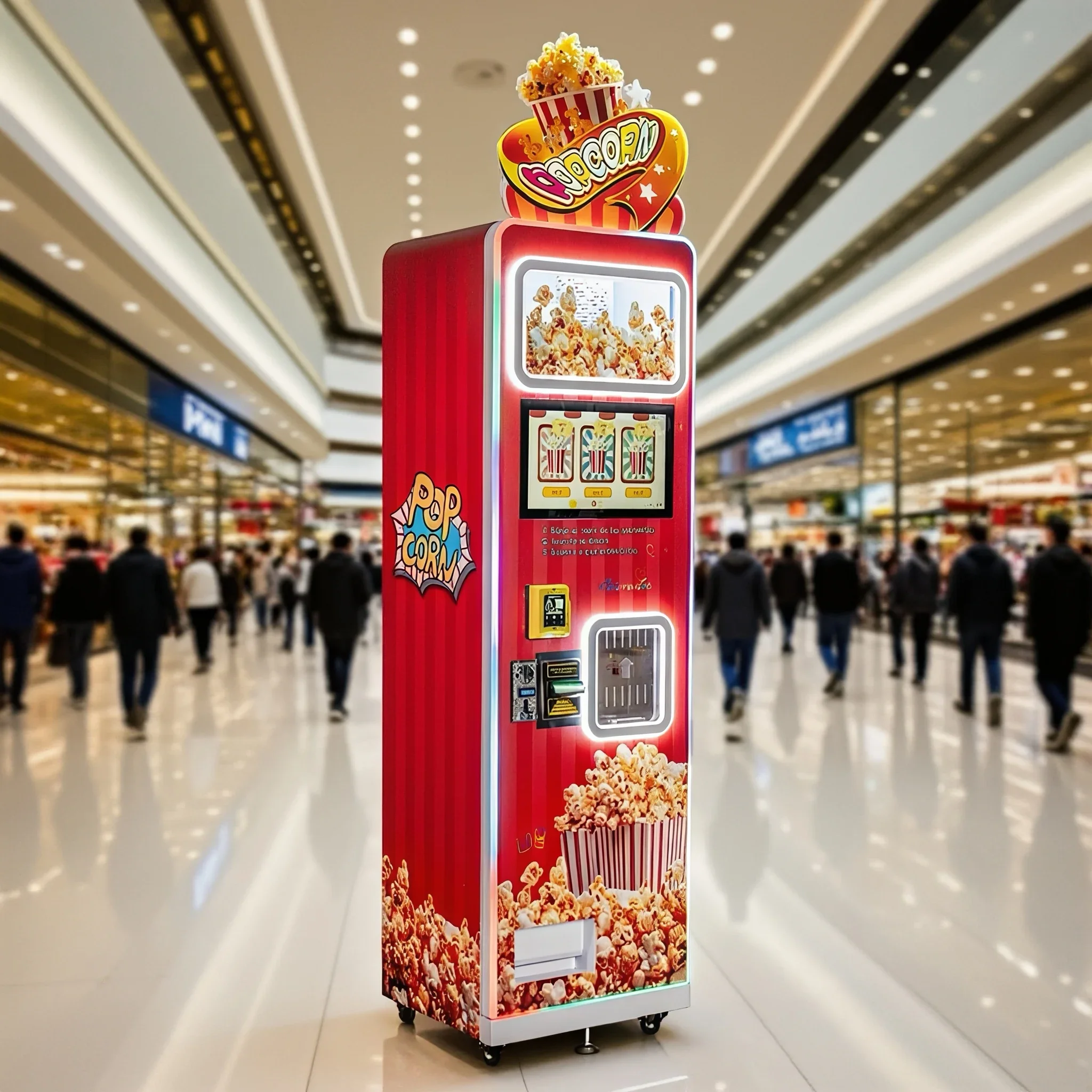 Máquina expendedora de palomitas de maíz de autoservicio totalmente automática con 3 sabores, éxito de ventas, aplicable a lugares comerciales y públicos de ocio.