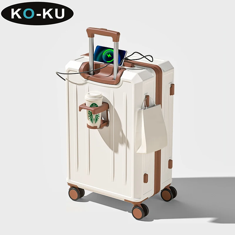 KO-KU 2024 Suitcase Set Female 20 Inch Boarding Suitcase USB/Type-C Port Water Cup Holder 26/28 inch Male Large Capacity Luggage