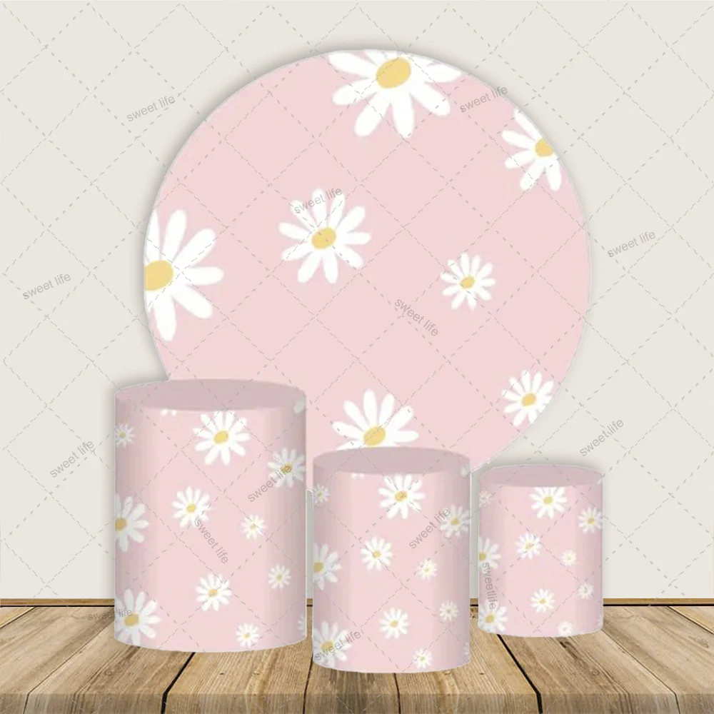 Daisy Flower Cylinder Cover Plinth Pedestal Cover Baby Shower Birthday Desserts Cloth Cylinder Background