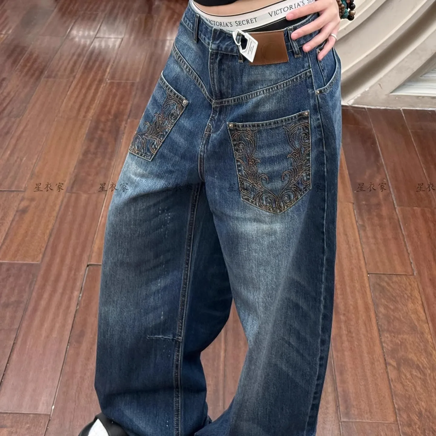 بنطلون جينز فضفاض مطرز كبير الحجم على الموضة من Streetwear Y2K Harajuku الهيب هوب عتيق بخصر منخفض وواسع الساق