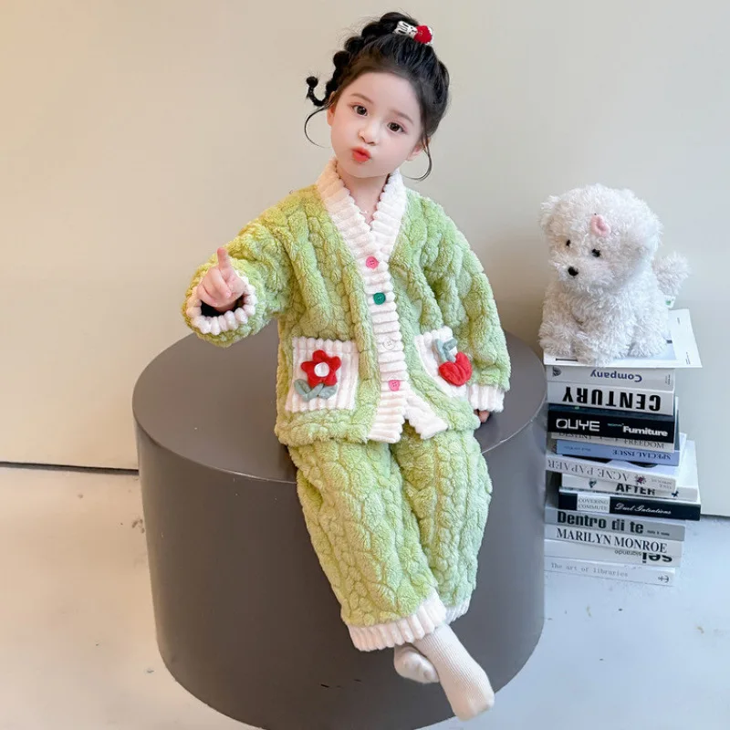 

Girl Coral Fleece Pajamas Two-Piece Set Pants Flannel Tops Autumn Winter Homewear Child Fashion Kawaii New Style Casual Clothing