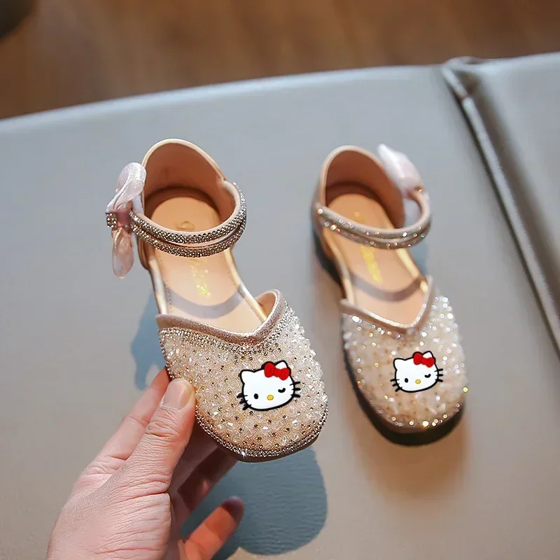 Sandales d'été Sanurgente Hello Kitty pour filles, chaussures de danse princesse à nœud, paillettes de dessin animé, nouveau