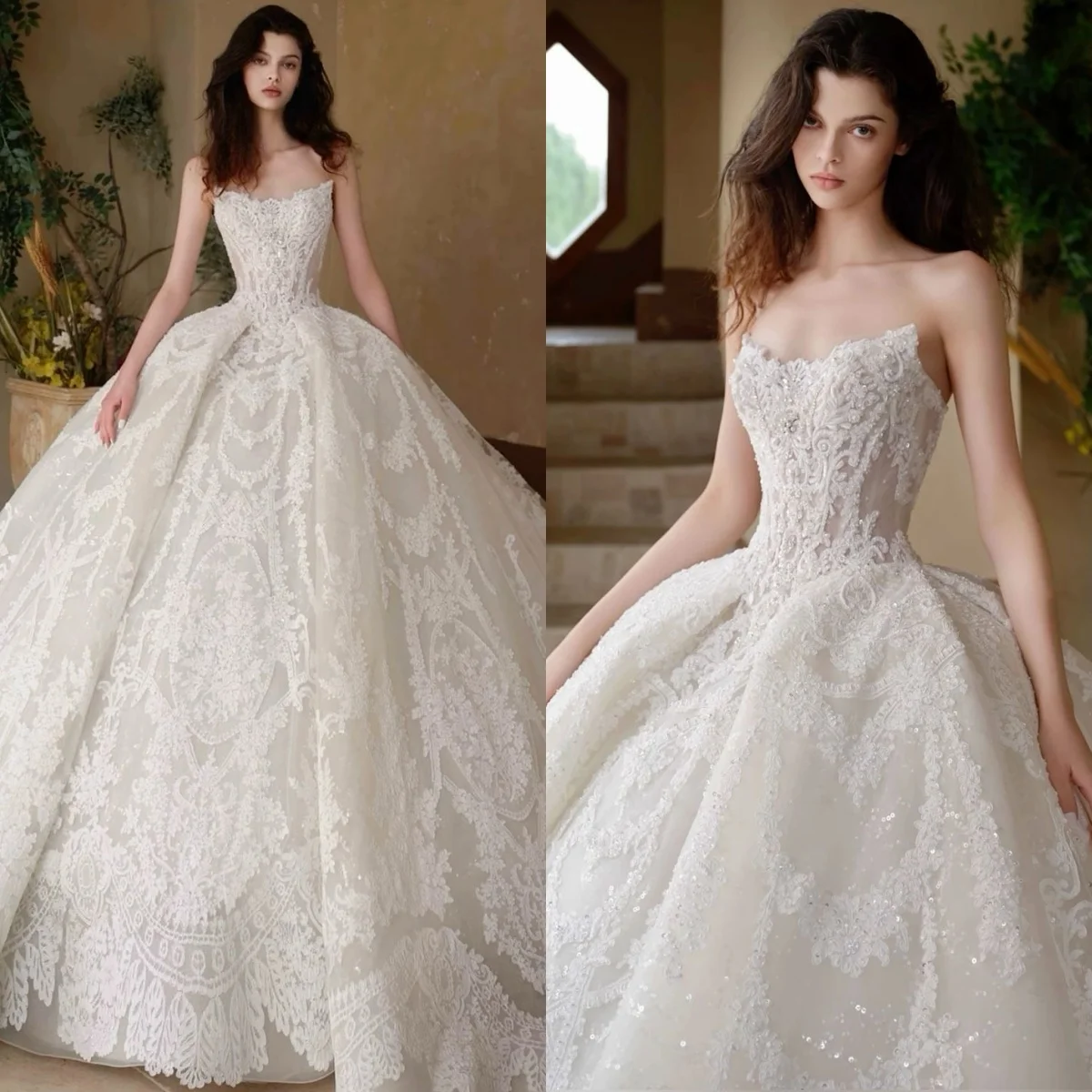 Personalizado blanco exquisito delicado brillante fiesta nupcial vestido de novia vestidos de novia Organza lentejuelas perlas sin tirantes