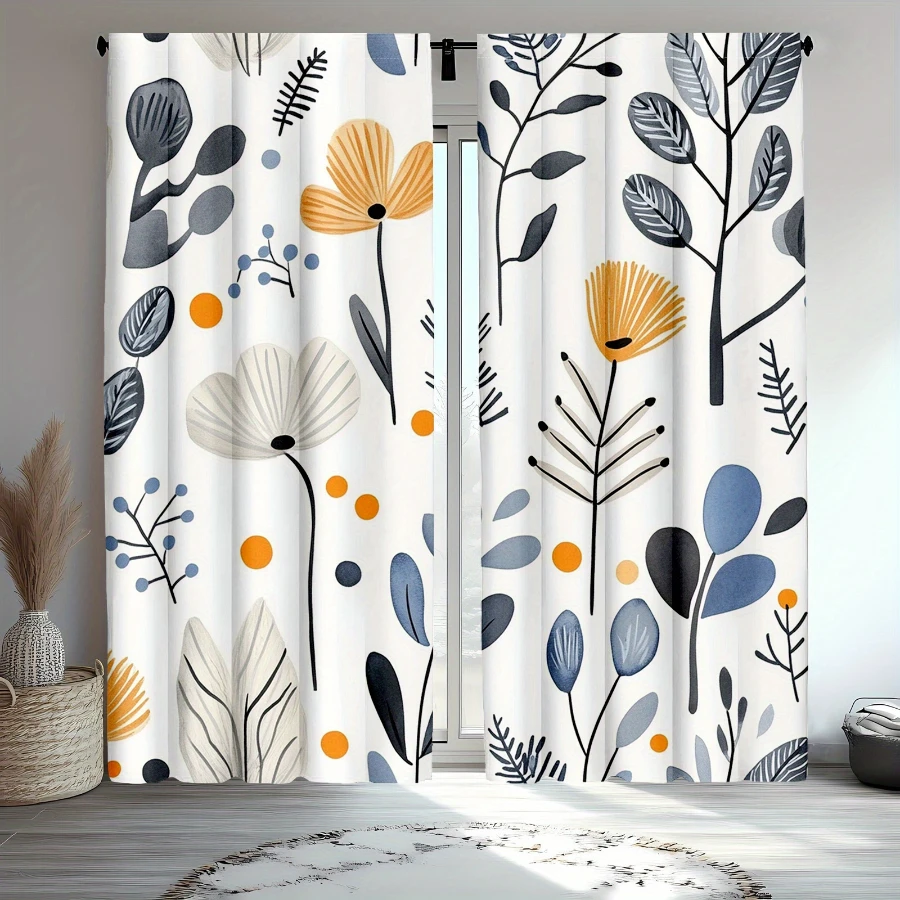 2PCS Digital Printed Curtains, Orange Blue Art Flowers Design, Floral Flower Style for Living Room Bedroom Kitchen Home Decor