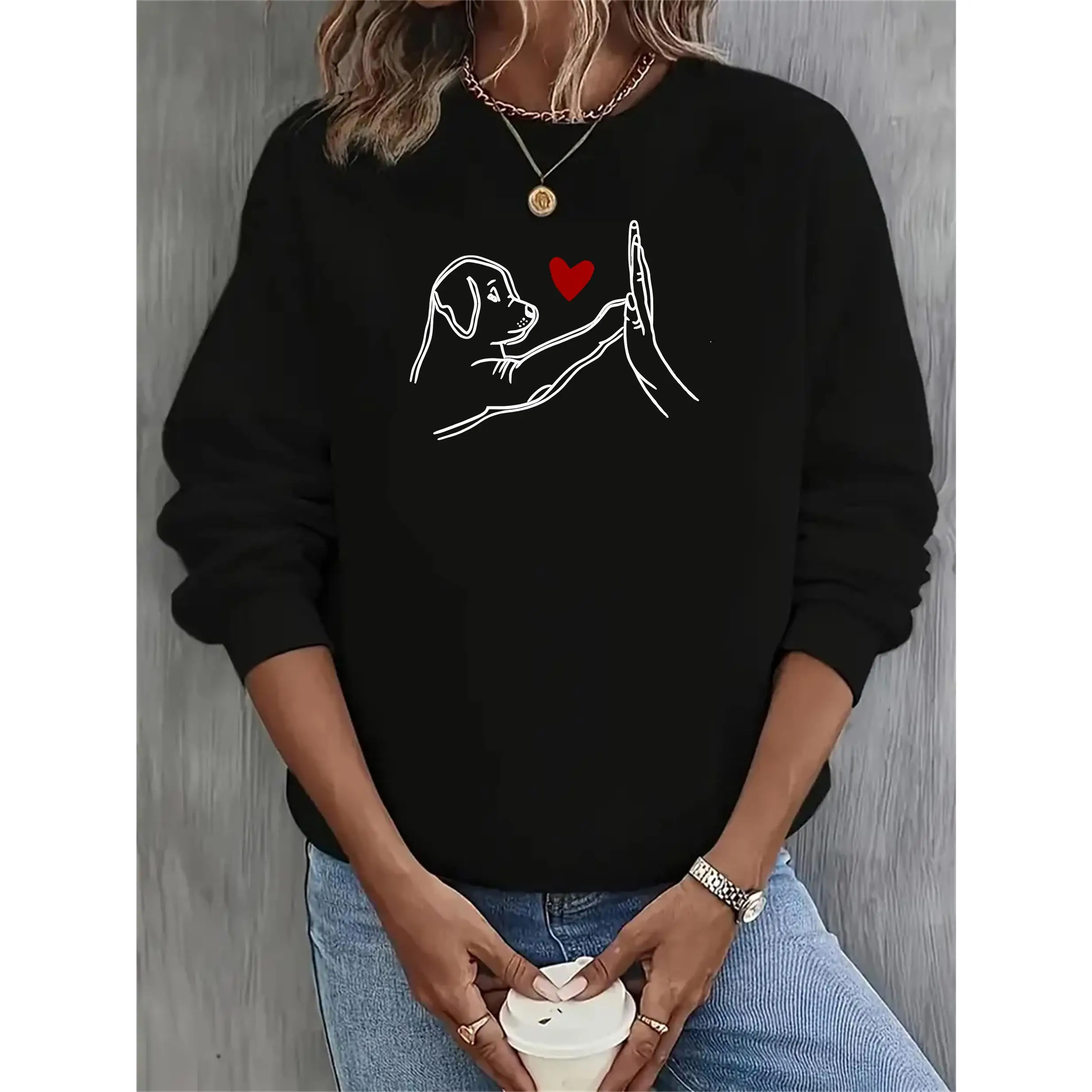 

Women's Dog Lover Sweatshirt | Minimalist Line Art Pet High Five Pullover | Cute Heart Animal Bond Casual Gift Jumper Top