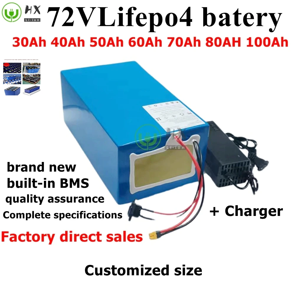 

HX-Batterie au lithium LiFePO4 avec charger, Bluetooth, BMS, 72V, 50Ah, 60Ah, 30Ah, 72V, 40Ah, 100Ah, 80Ah, 5000W, scooter.