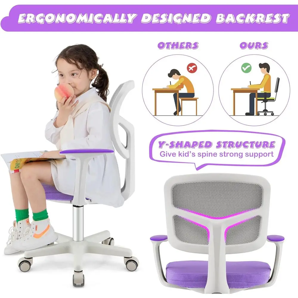 كرسي دراسة للأطفال قابل للتعديل بأذرع وعجلات، كرسي دوار مريح للأعمار من 4 إلى 12 عامًا، أرجواني #6