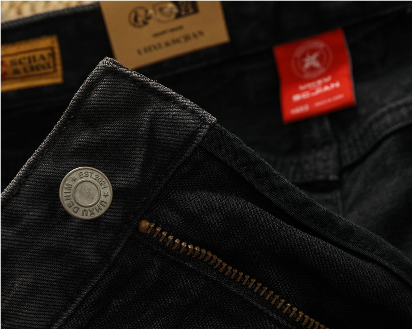 بنطال جينز أمريكي عتيق غير رسمي من الفحم المتقدم مغسول ثقيل الوزن للرجال بنطال مستقيم مستدق طفيف