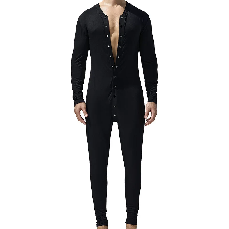 

Men's Sexy Retro Jumpsuit Black Soft Rayon Modal Split Off Jumpsuit Male Single Breasted Buttons Sports GYM Bodysuits Pajamas