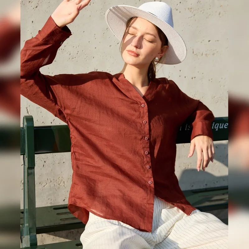 100% Ramie V-neck Shirts Women Long-sleeved Top Retro New Arrival Lightweight and Sun-protective Blouse Summer Holiday Blusas