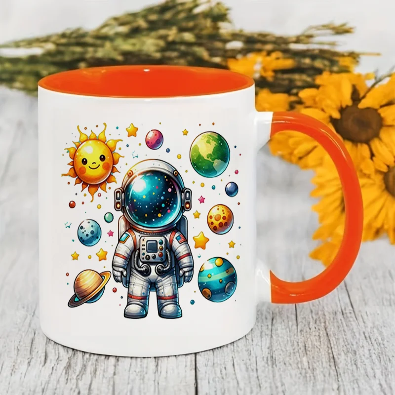 Astronaut Sun Planets Colorful Print Ceramic Coffee Mug 11oz 350ml Personalized Custom Cute Aesthetic Microwave Safe Birthday Gi