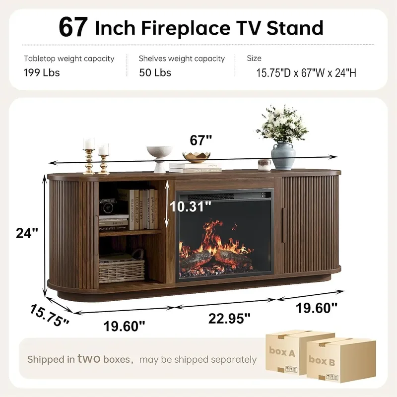 67 Fireplace TV Stand Entertainment Center with Sliding Barn Doors Adjustable Shelves TV Console with Storage Cabinets Medi