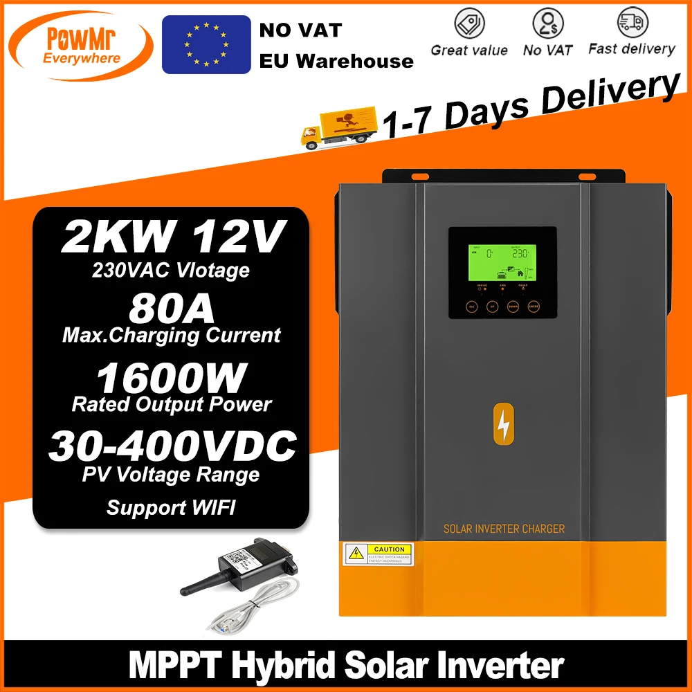 PowMr EU 2KVA Hybrid Solar inverters 12V 220V Pure Sine Wave With 80A MPPT Solar Charge Controller Max PV 400VDC LIfepo4 Battery