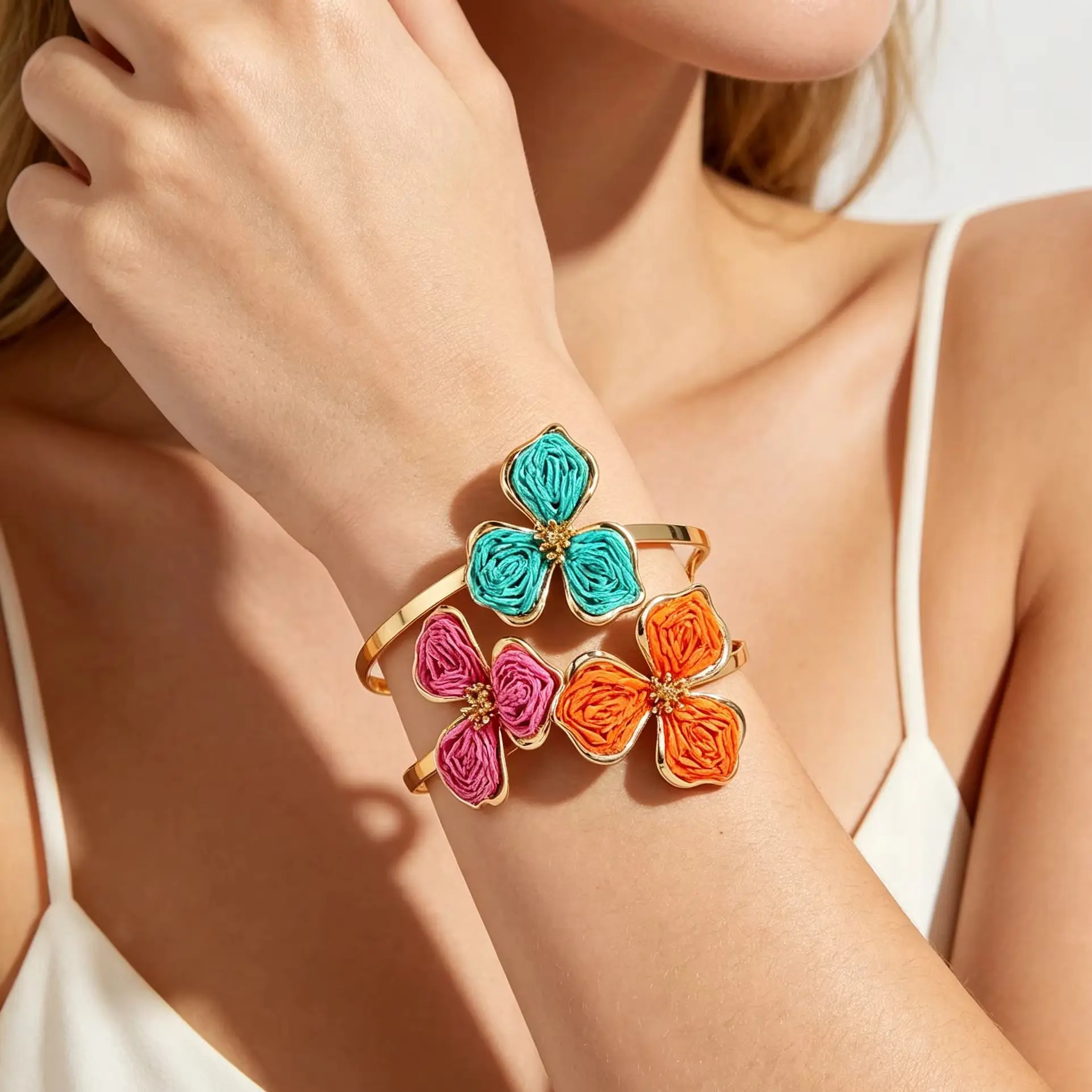 

Retro Ethnic Style Handmade Flower Cuff Bracelet With Raffia Design Ladies Outdoor Travel Daily Party Wear Accessories