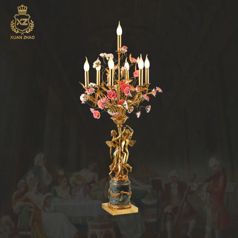 French Baroque Home Brass Marble Decorative Living Room Table Lamp French Light Luxury Ceramic Flower Princess Table Light