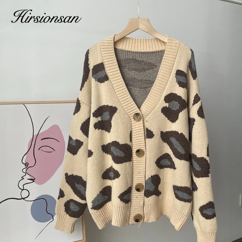 Hirsionsan Soft Knitted Leopard Cardigan Women 2023 Autumn New V Neck Y2k Crop Female Sweater Oversized Warm Ladies Clothes