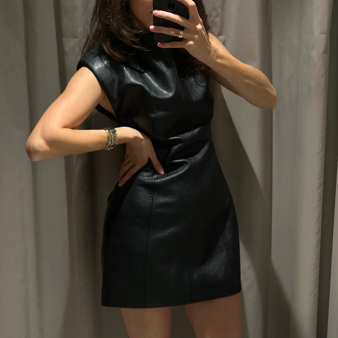 Womens Vintage Black PU Leather Short Dress Stand Neck Sleeveless Bodycon Mini Dress Sleek Night Out Party Clubwear Tops