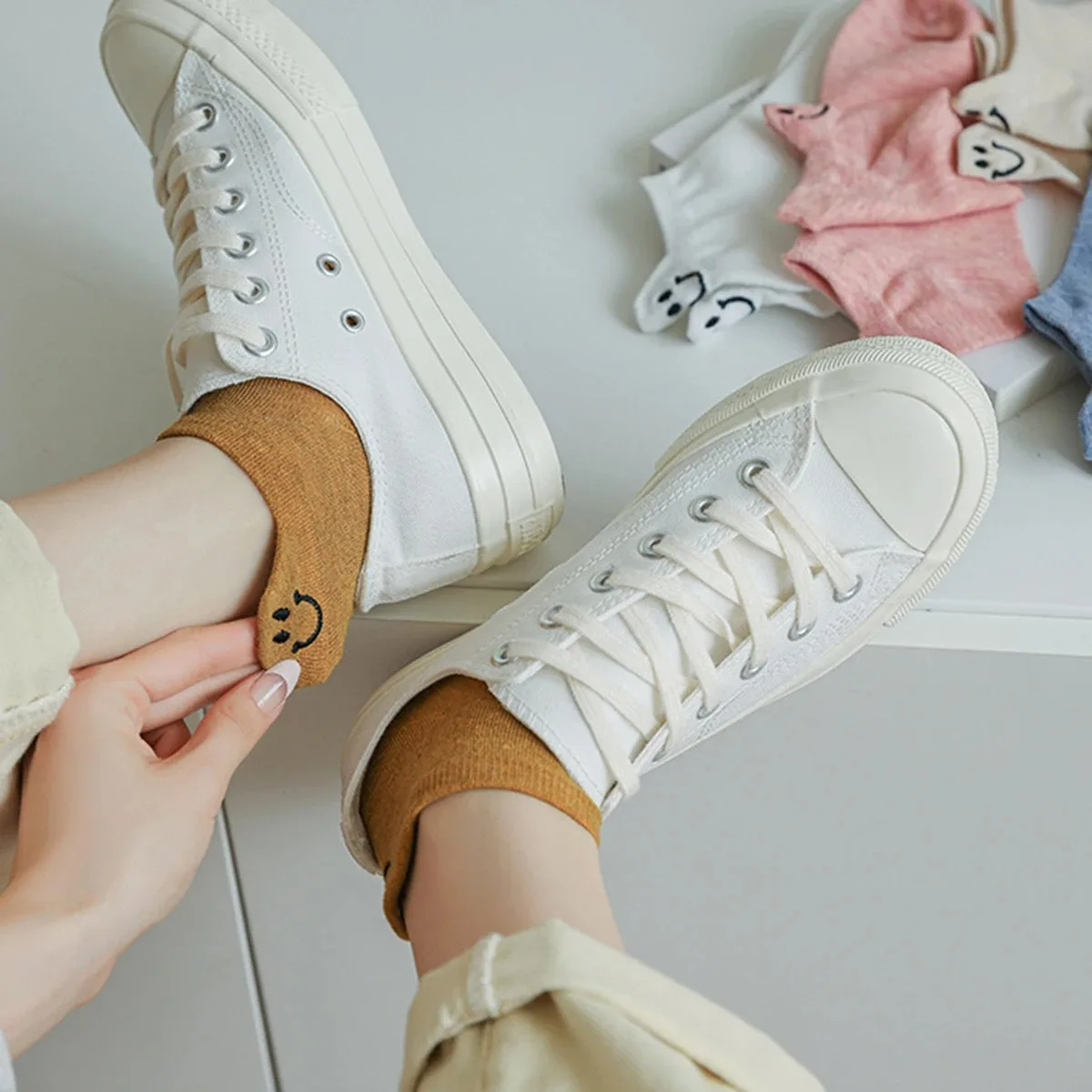 10 Pairs Kawaii Short Socks For Women Spring Summer Lovely Heel Embroidered Smiling Face Female Cotton Personality Ankle Socks image 6