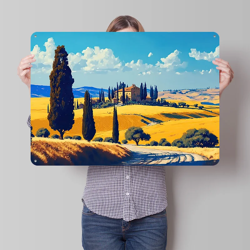 Tuscany Italy Landscape 3D Texture Metal Poster Customized Wall Art Tin Sign Gift for Mancave Living Room Interior Decoration