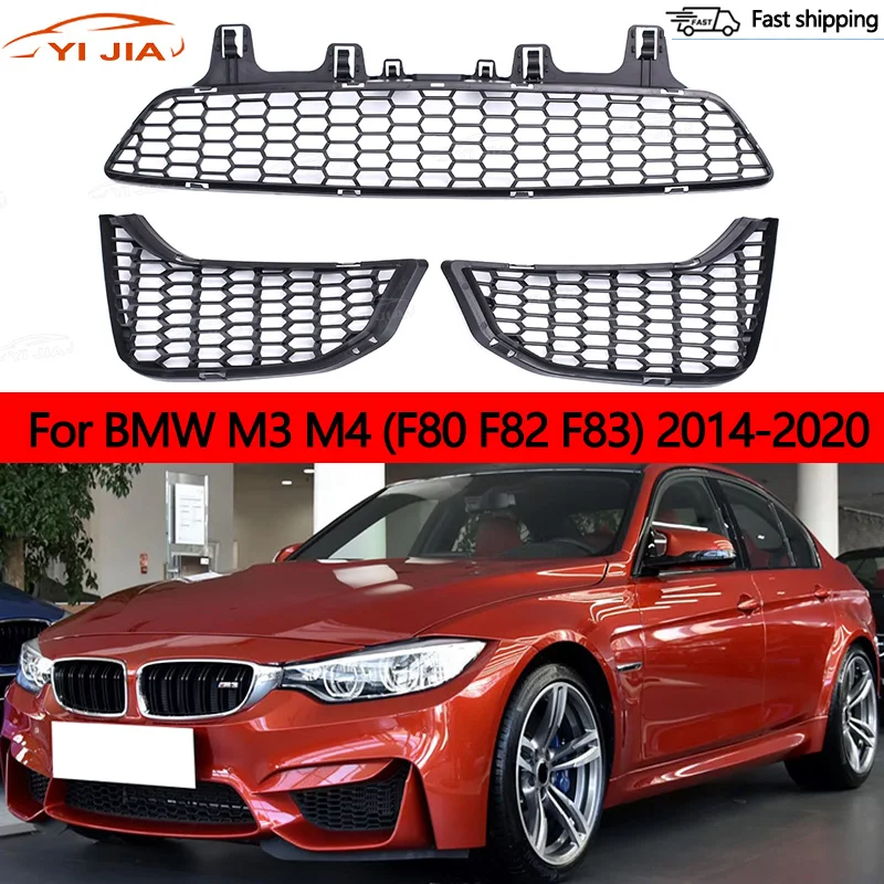 

For BMW M3 M4 F80 F82 F83 2014-2020 Car Front Bumper Grille Kit Fog Light Bezel Insect Screen Lower Air Intake Grille 3pcs