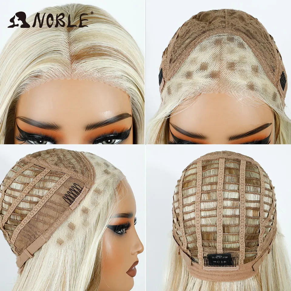 Edle synthetische Lace-Front-Perücken für Damen, 16 Zoll, mit freiem Scheitel, vorgezupft, gerade geschnitten, mit Lace-Perücke, Ombré-Braun-Blond, Cosplay-Perücke. – Detail 9