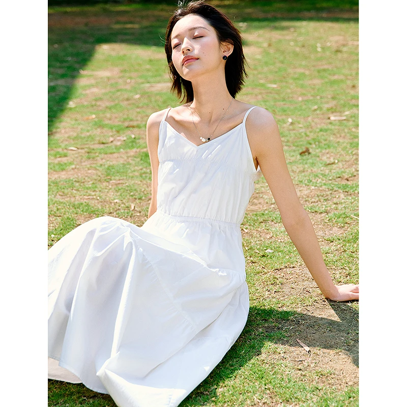 Inman 2025 ฤดูร้อนใหม่ผู้หญิงElegant Vคอผ้าฝ้ายCamiชุด-รีสอร์ทสไตล์เอวกําหนดA-Line Maxi Dress