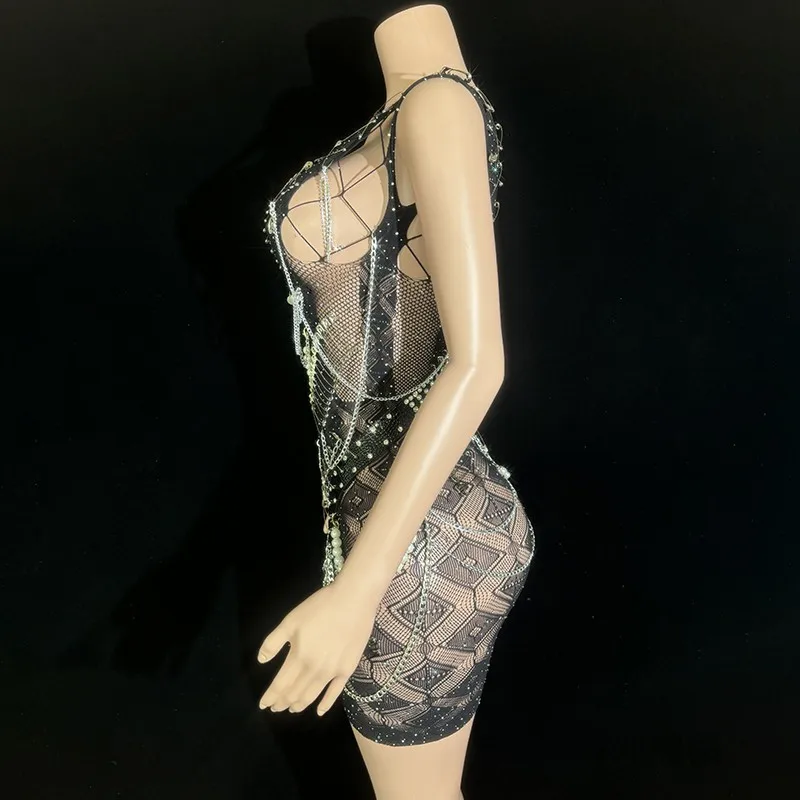2025 블랙 생일 파티 드레스 펄 장식 섹시한 고고 댄서 의상 나이트클럽 공연복 yj089