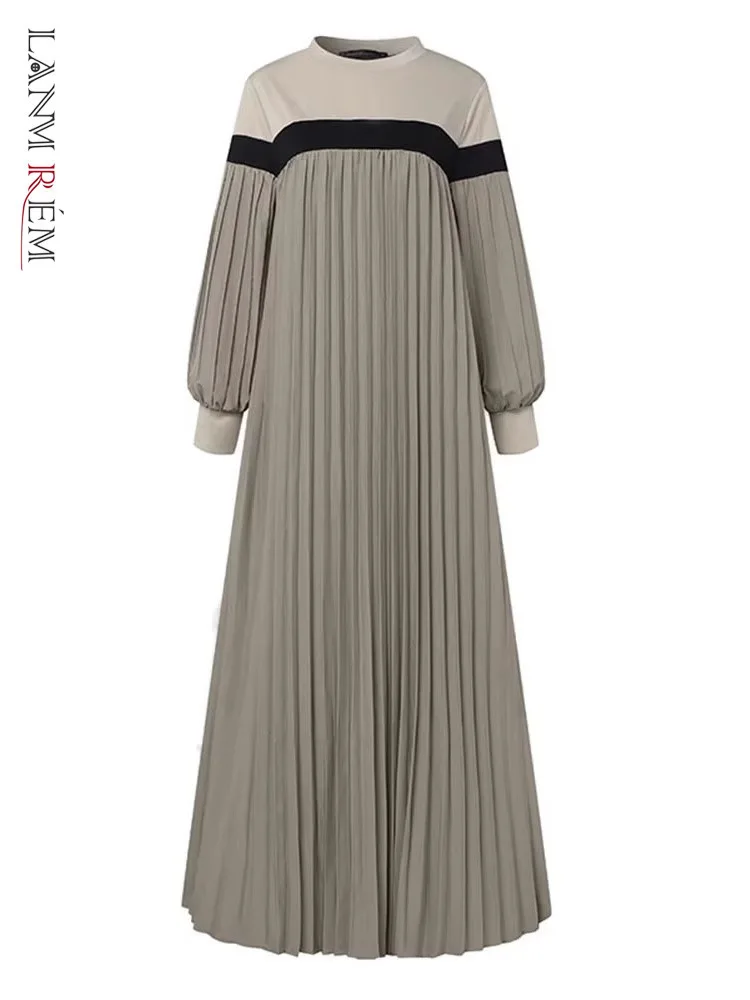 LANMREM Fashion Pleated Spliced A-line Long Dress Women Long Sleeves Contrast Color Loose Dresses Elegant 2024 New 32C1797