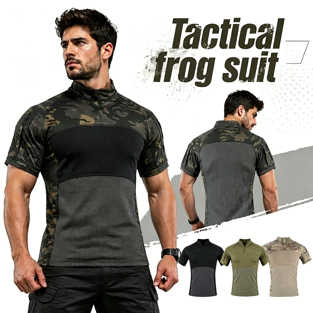 

Men's Tactical Combat T-Shirt Short Sleeve Shirts with 1/4 Zipper Pockets Military Slim Fit Camo Shirt for Outdoor Hiking Work