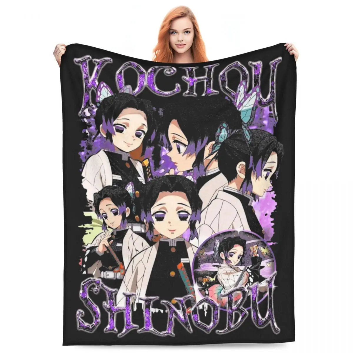 Demoned Slayered Shinobu Kocho Insect Pillar Decke, Flanell bedruckt, warme Überwurfdecke für Zuhause, Outdoor, Tagesdecken