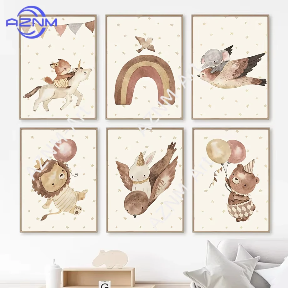 1/6 Stück Boho Kinderzimmer Regenbogen Löwe Bär Fuchs Hase Elefant Poster Nordische Wandkunst Leinwanddruck Bilder Babyzimmer Deko
