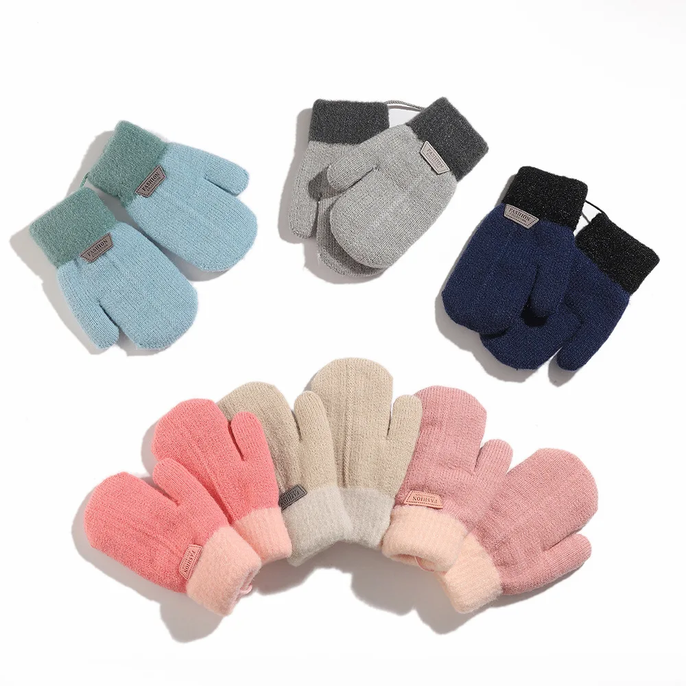 Winter Wool Baby Gloves Plush Lining Knit Kids Mittens Halter Warm Hands Children Fingerless Gloves Girls Boys Accessories 1-6Y