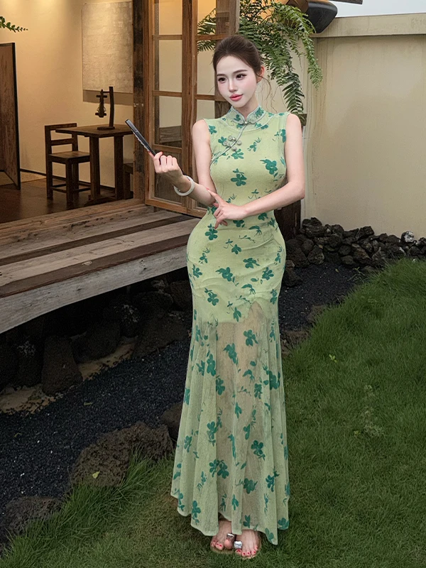 

New Chinese Style Sleeveless Qipao Dress Women Summer Waist Cinched Slimming Sexy Mesh Fish Tail Gown City Commute Suitable