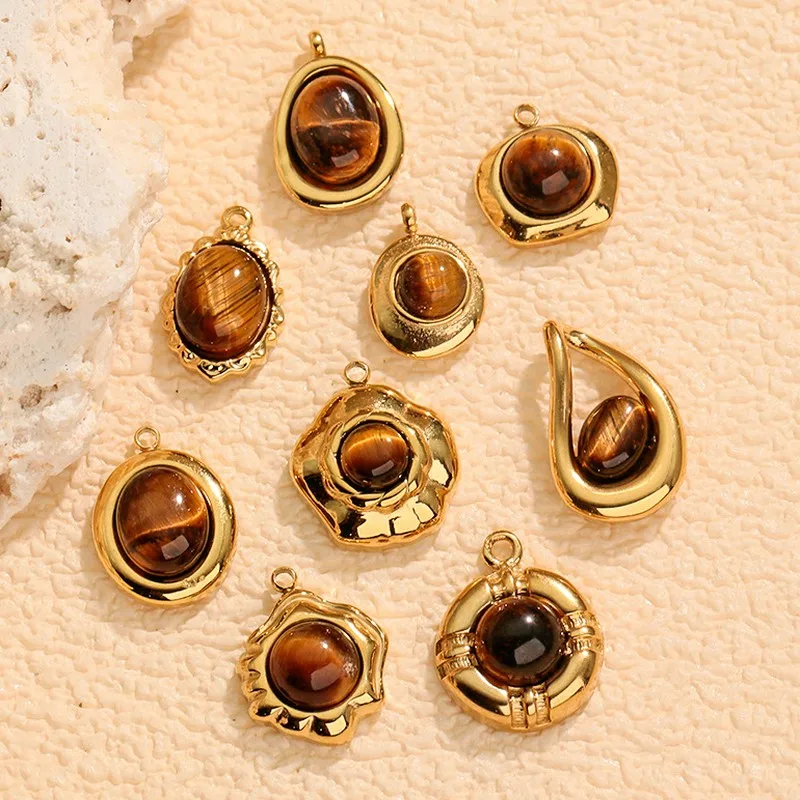 Irregular 3D Tiger Eye Stone Pendant Stainless Steel Vacuum Plated 18K Gold Necklace DIY Jewelry Accessory