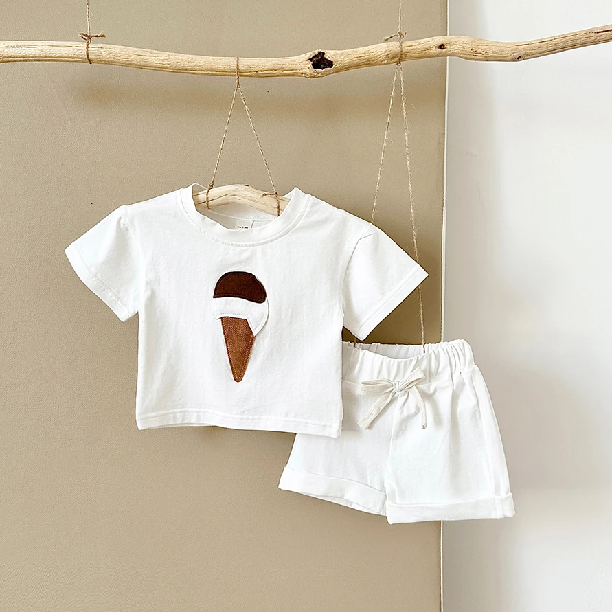 2PCS Newborn Summer Baby Clothes Infant Toddler Set Ice Cream Print Round Neck T-shirt+Sports Shorts Boys Girls Outfit Set 0-3Y